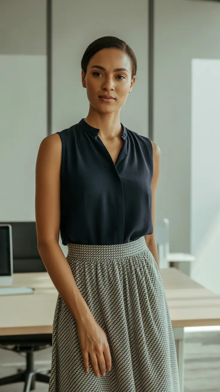 Office outfit inspiration for work 2026 Sleeveless-Navy-Top-and-Patterned-Midi-Skirt