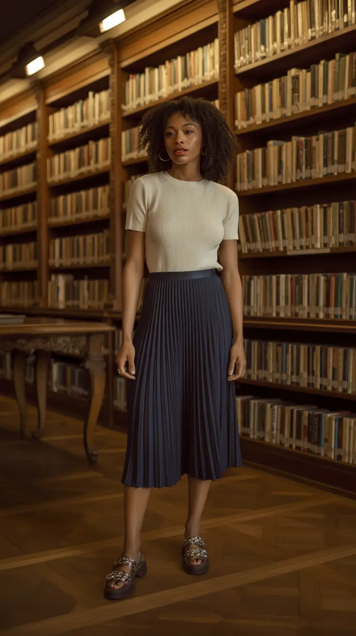 Classic Elegant Pleated Skirt and Knit Top Outfit