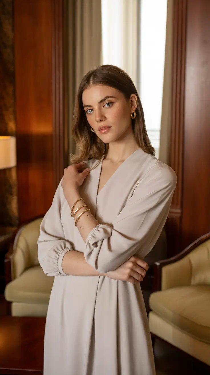 Elegant Minimalist Neutral Beige Dress Outfit