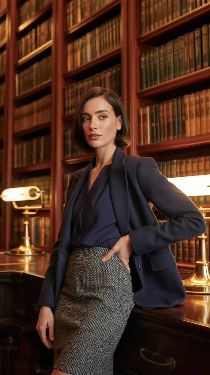 Elegant Sophisticated Navy and Tweed Outfit