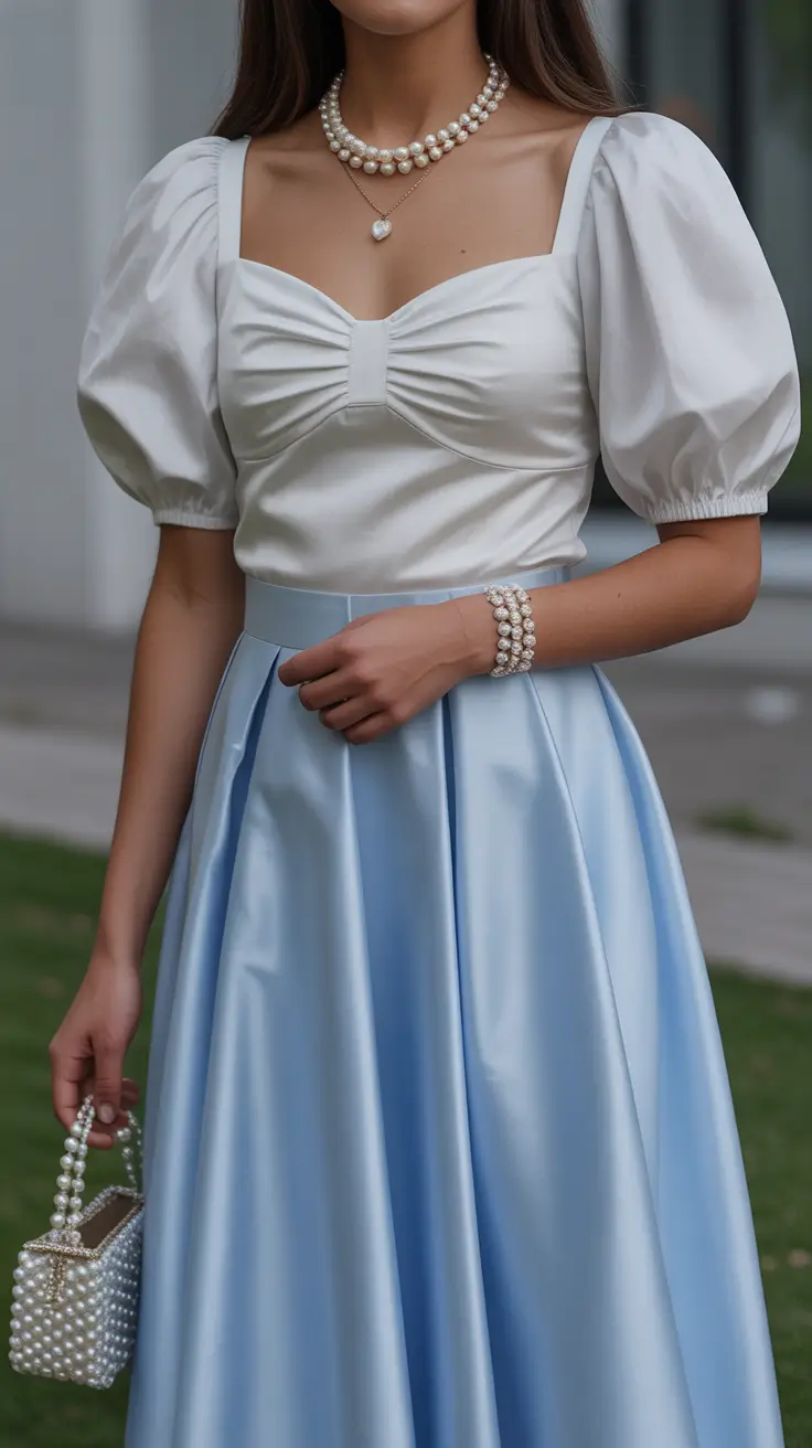 Long white satin pastel blue skirt outfit inspiration 2026