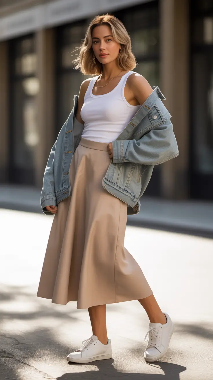 Long jean jacket beige midi skirt outfit inspiration 2026