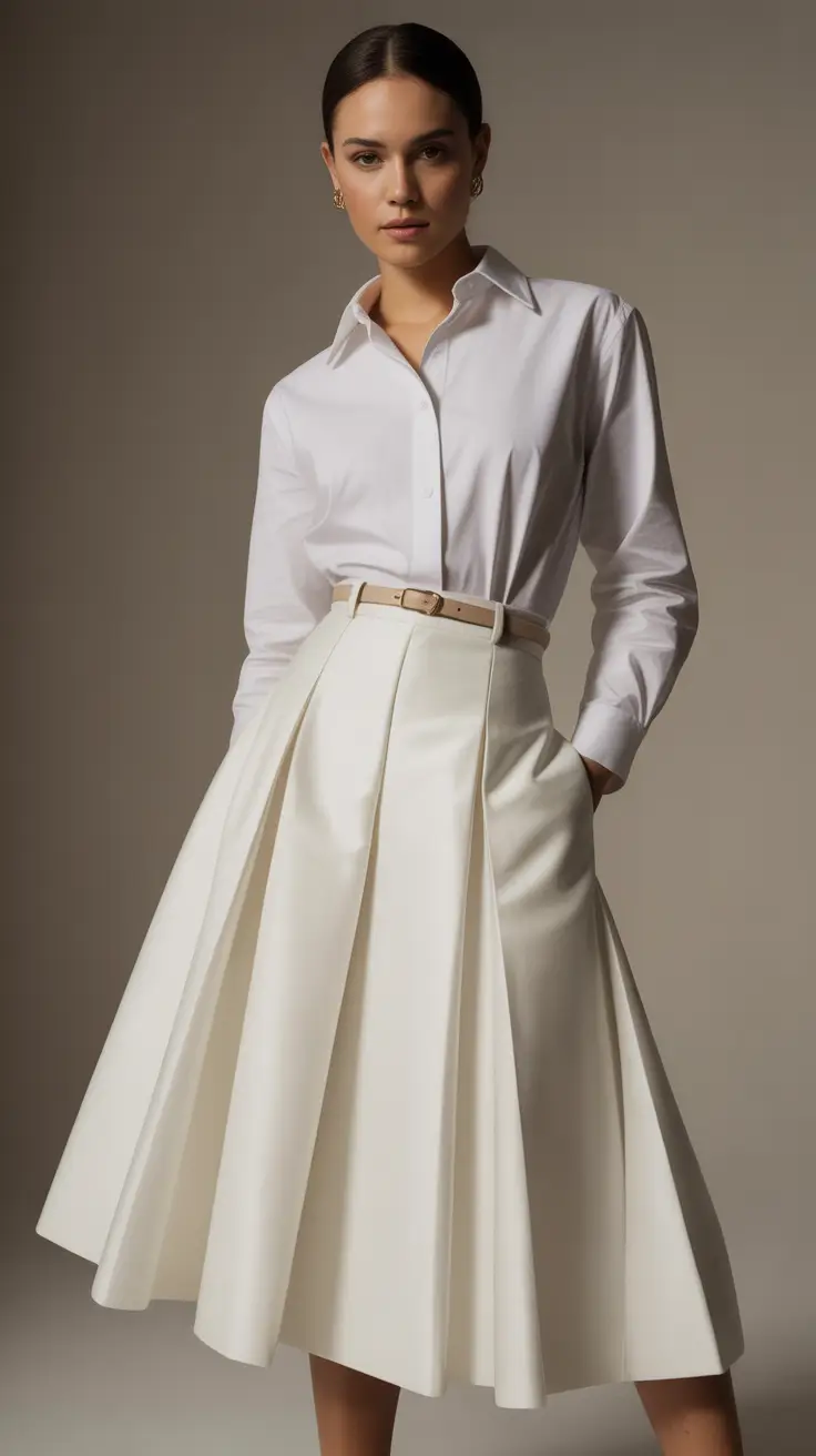 White pleated long white skirt outfit inspiration 2026