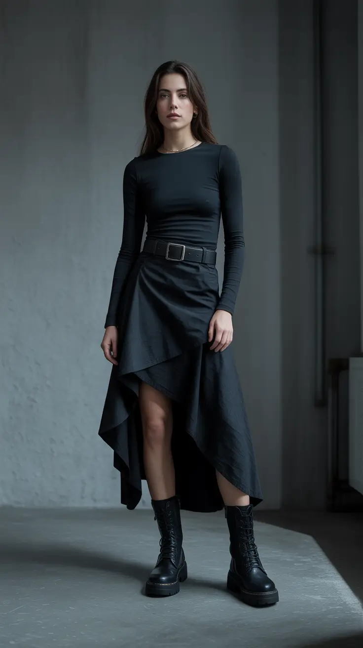 Black asymmetrical long black skirt outfit inspiration 2026