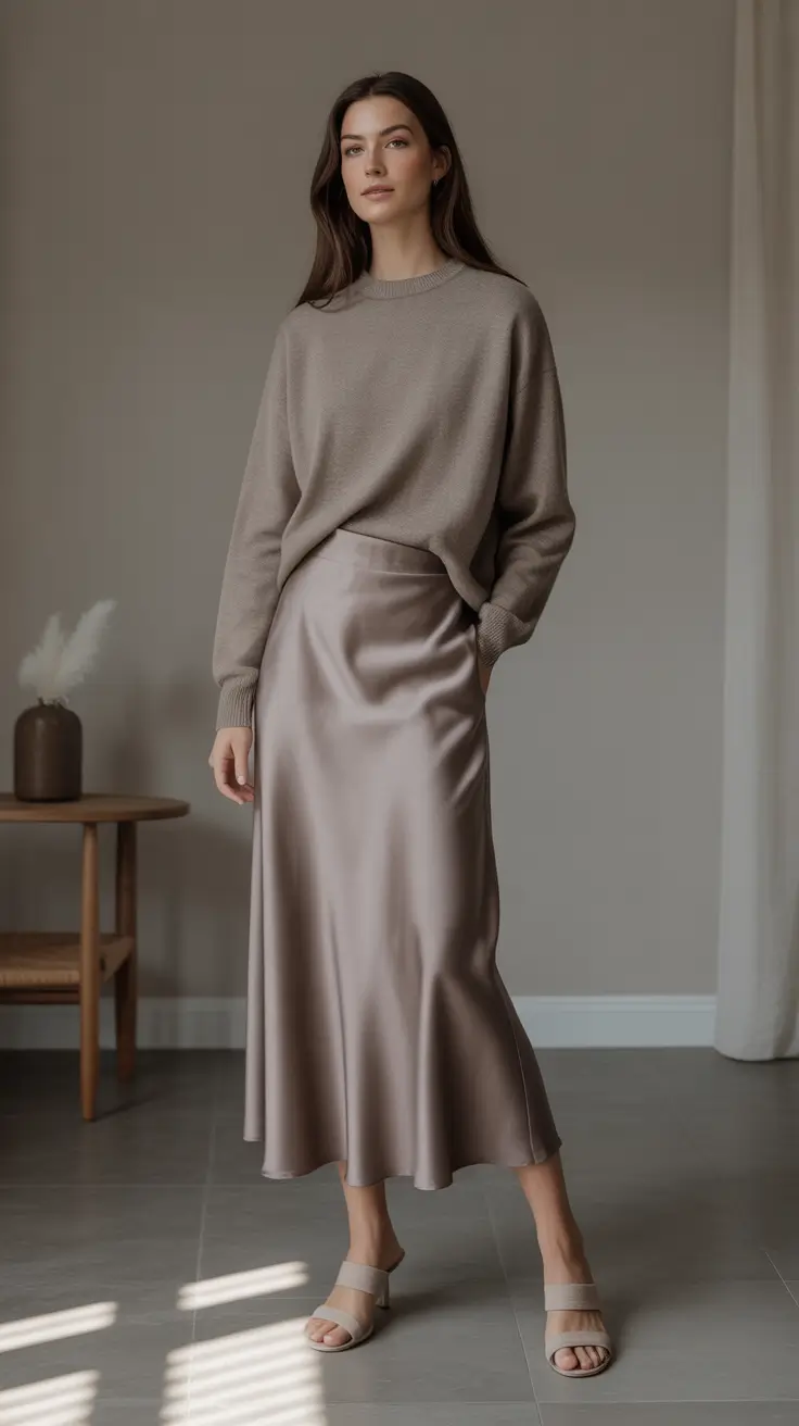 Long satin taupe skirt neutral knit outfit inspiration 2026