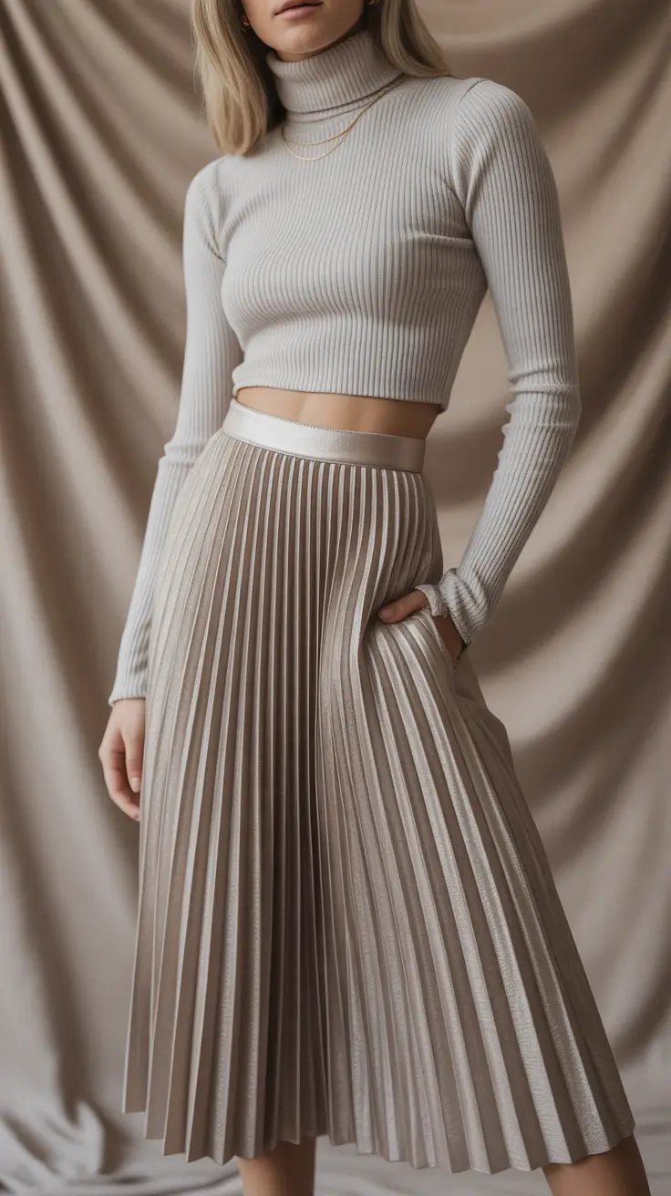 Pleated midi metallic skirt outfit inspiration 2026