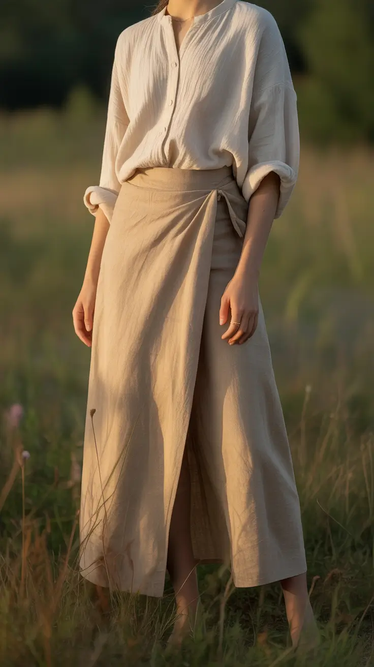 Beige linen wrap midi skirt outfit inspiration 2026