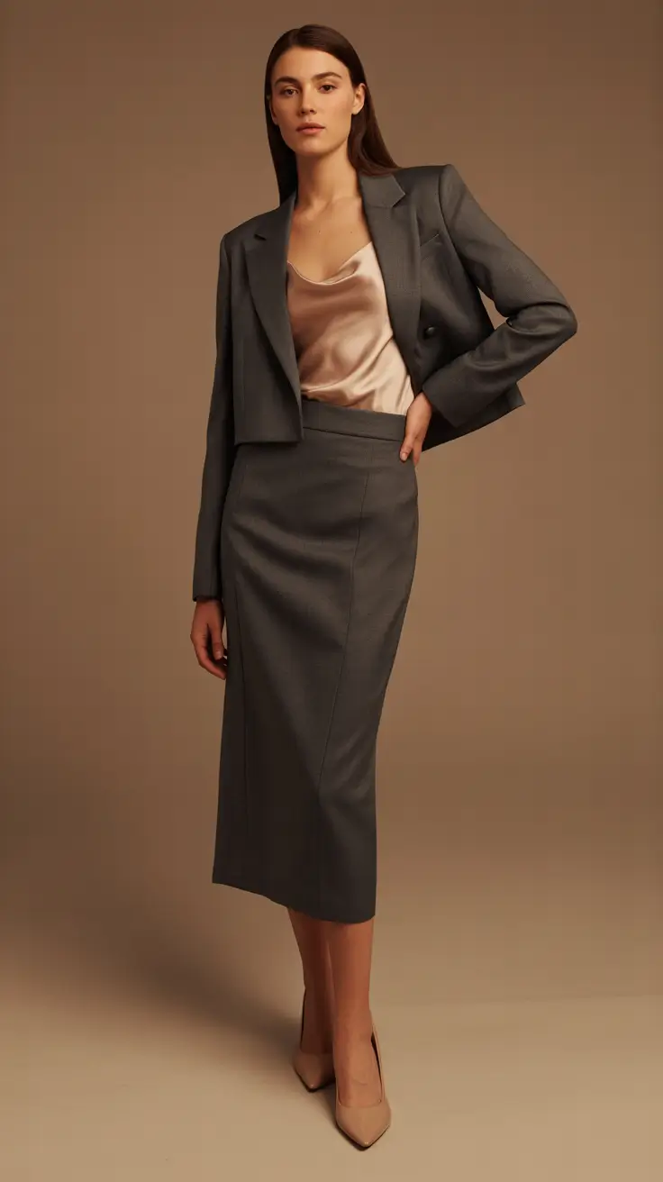 Grey pencil skirt satin top outfit inspiration 2026