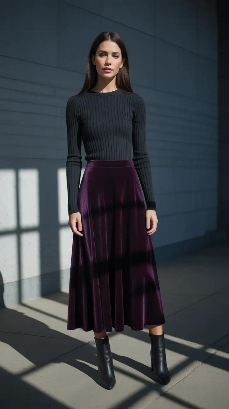 Black midi velvet plum skirt outfit inspiration 2026