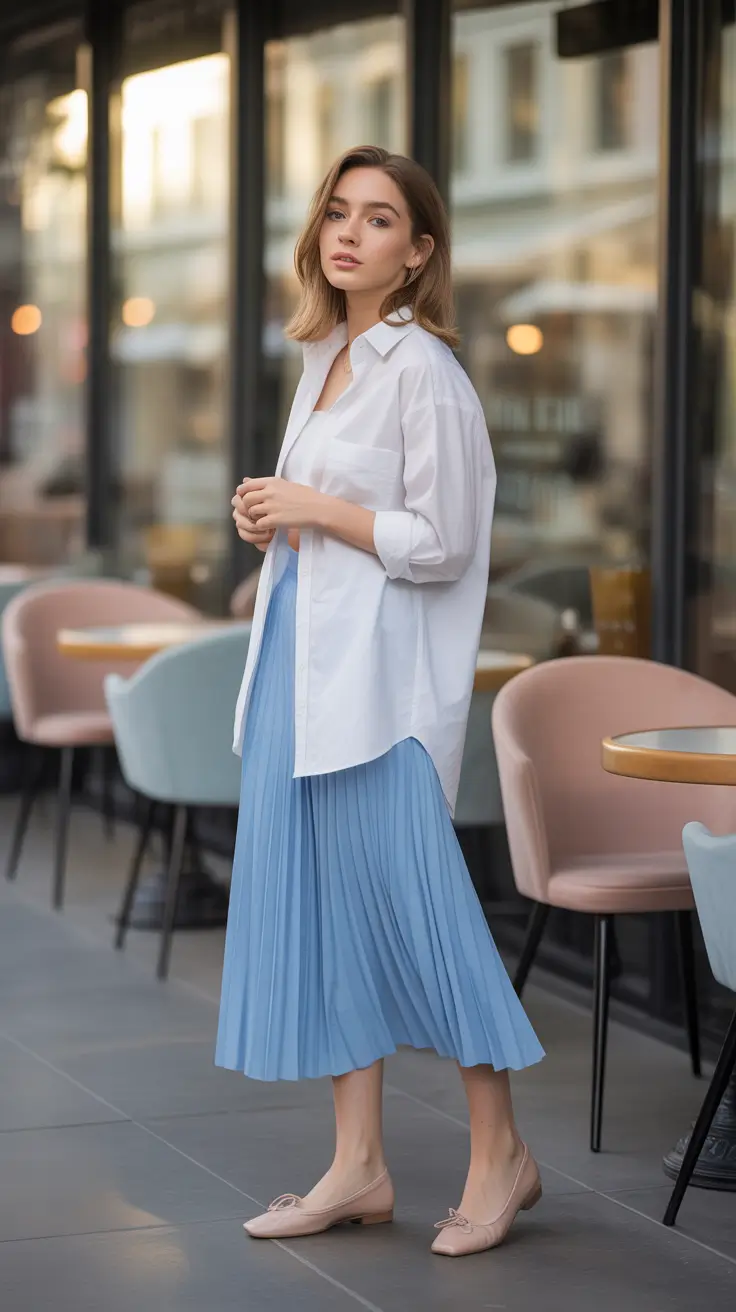 Pleated midi skirt white shirt outfit inspiration 2026