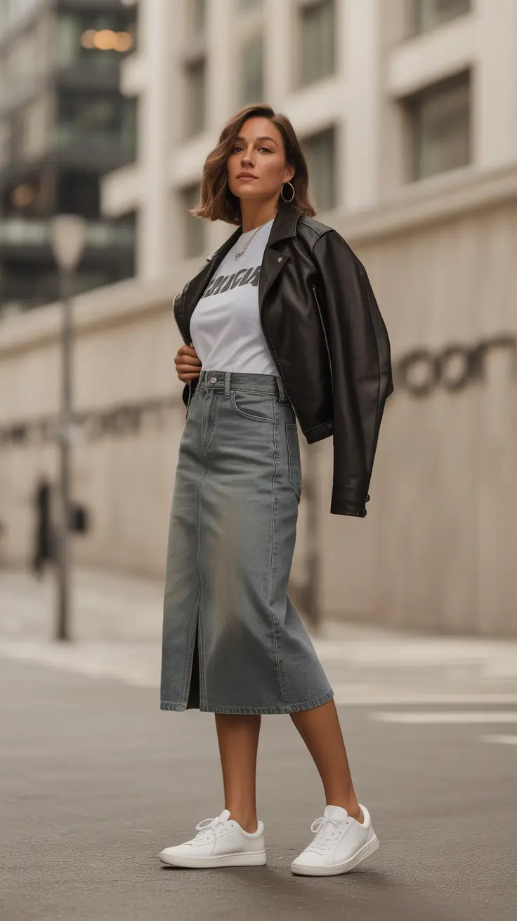 Long denim jean skirt black leather jacket outfit inspiration 2026