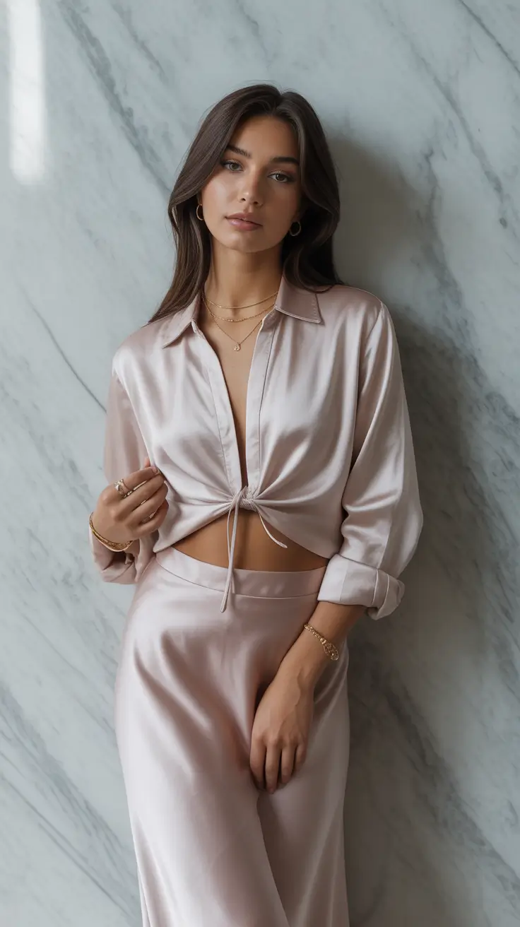 Black satin inspired champagne long skirt outfit inspiration 2026