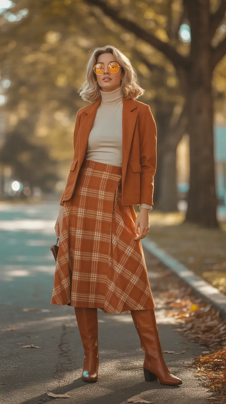 Plaid midi brown skirt autumn outfit inspiration 2026