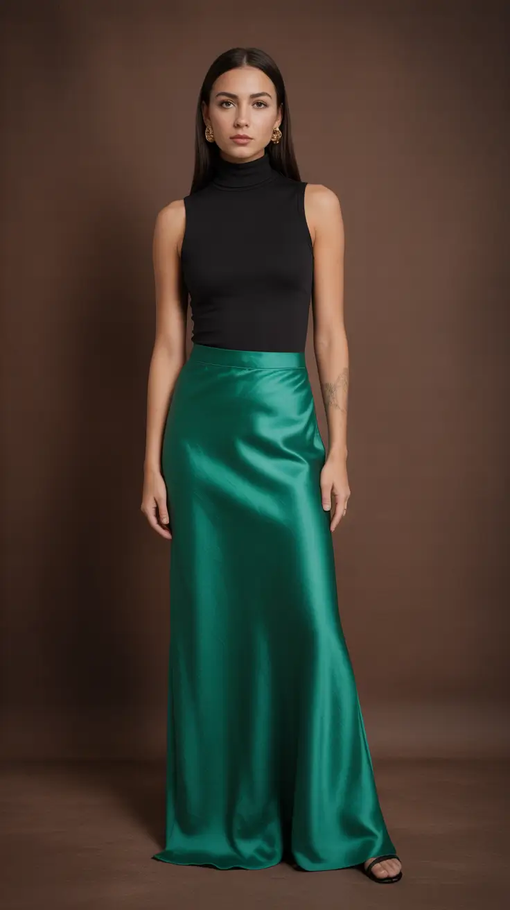 Black satin long green skirt outfit inspiration 2026