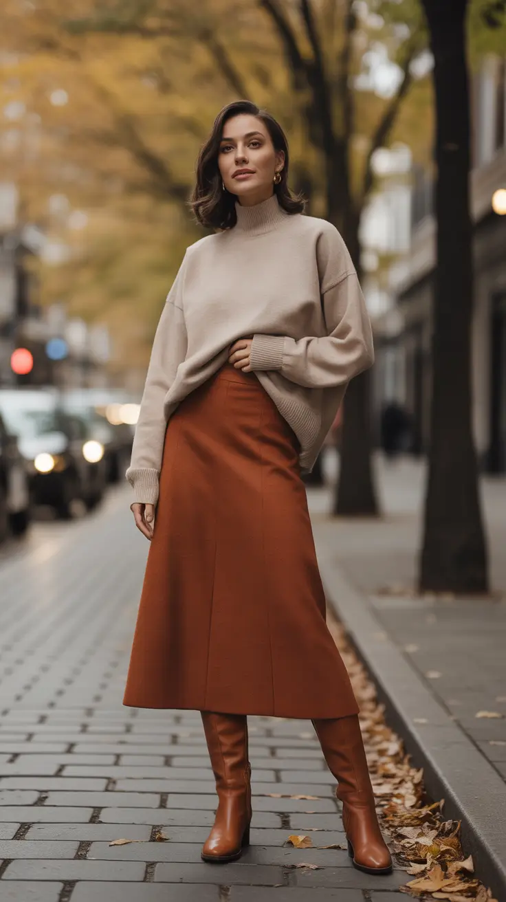 Brown midi skirt beige sweater fall outfit inspiration 2026