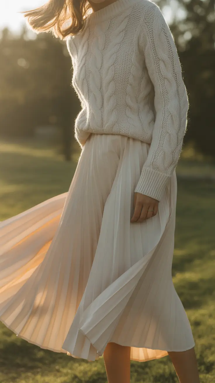 white cable knit pleated skirt outfit 2026