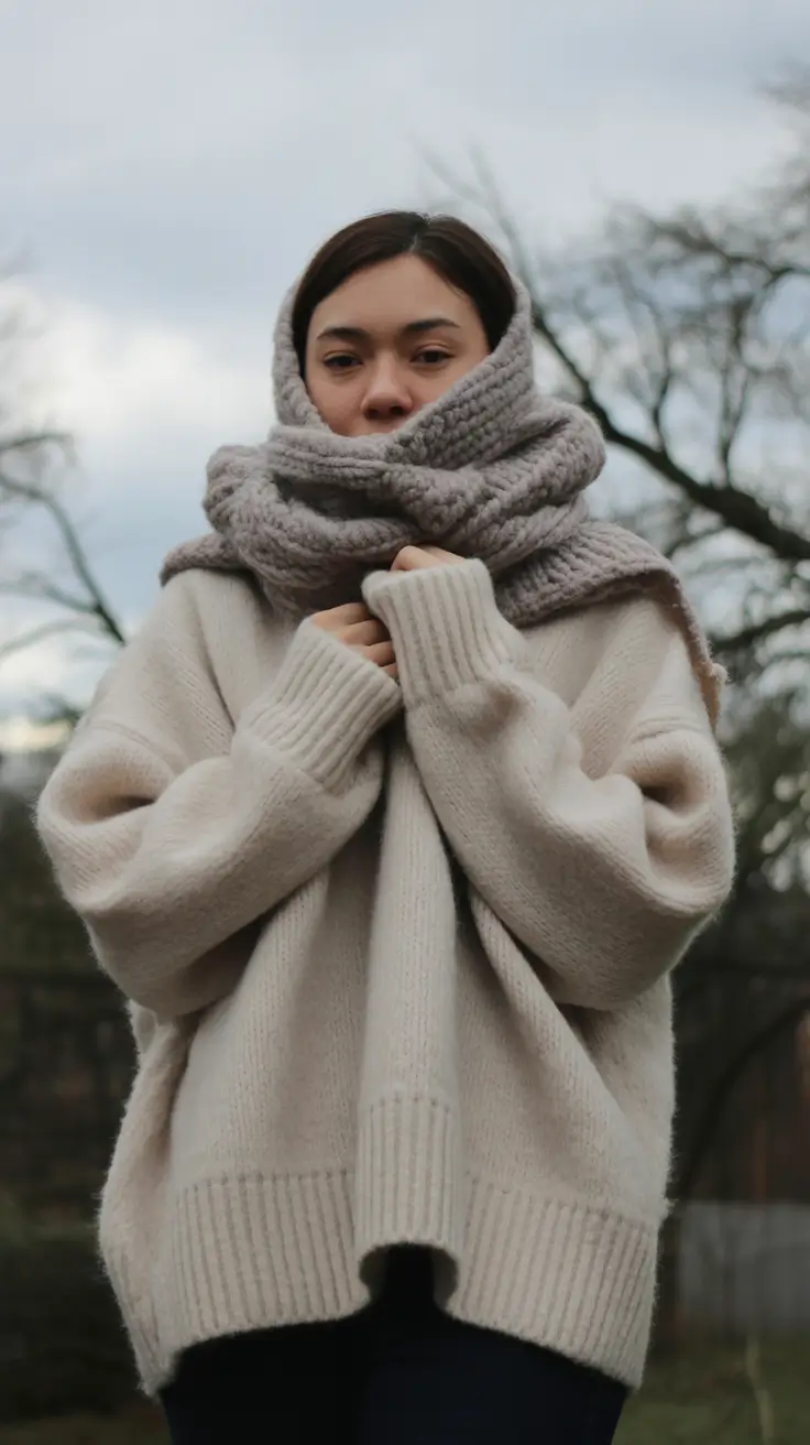 beige oversized knit scarf outfit 2026