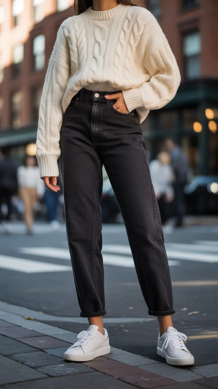white cable knit black jeans outfit 2026