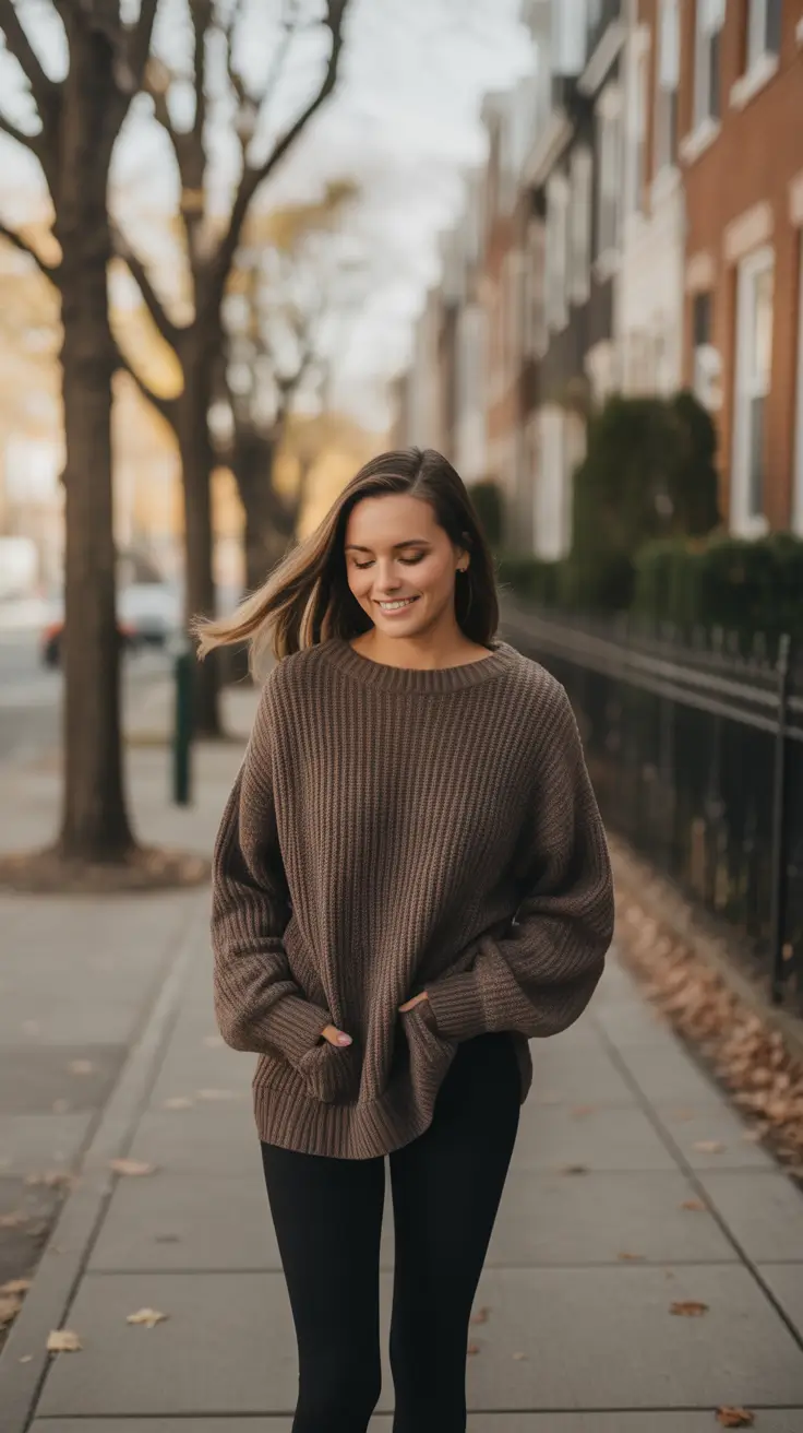 brown oversized knit sweater outfit 2026