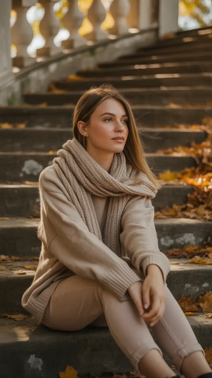 beige knit sweater and scarf outfit 2026