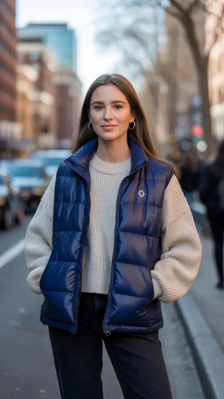 navy blue puffer vest beige knit outfit 2026