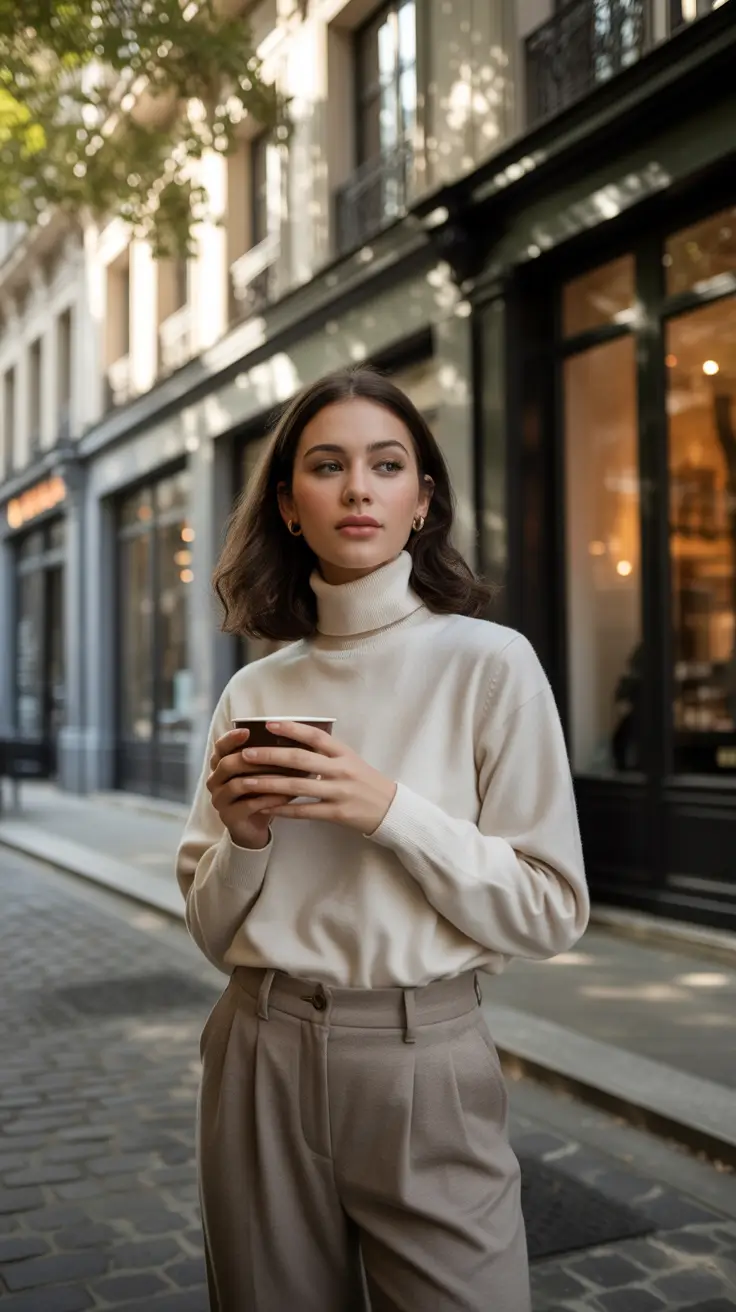 beige turtleneck trousers outfit 2026