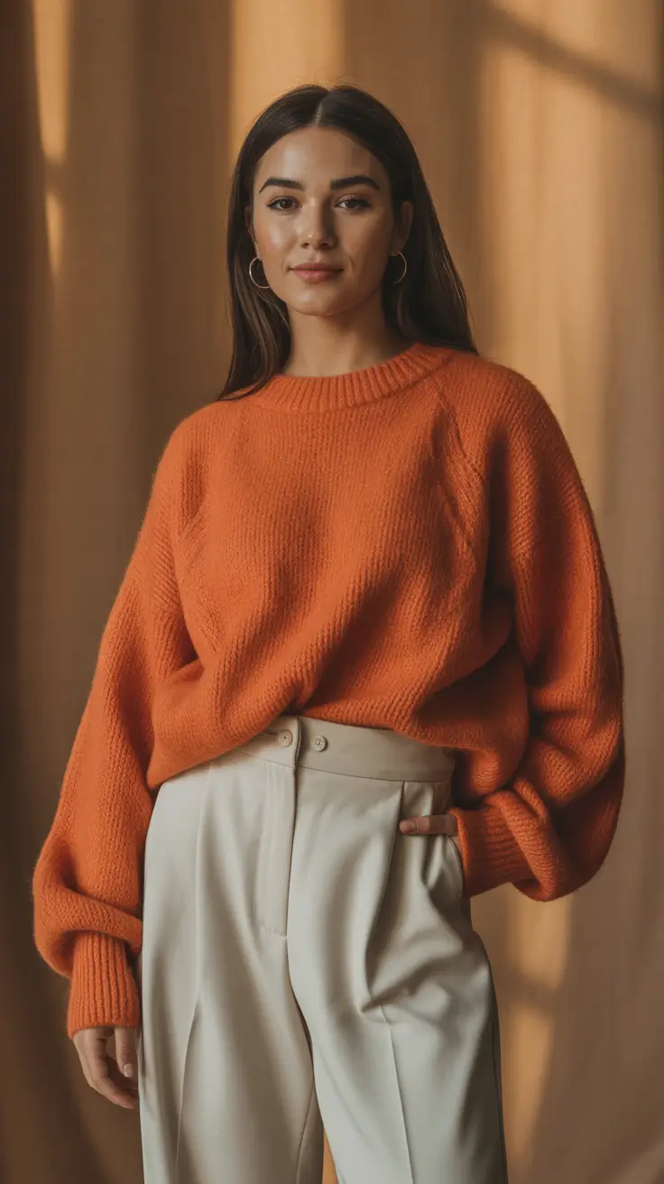 orange oversized knit sweater outfit 2026