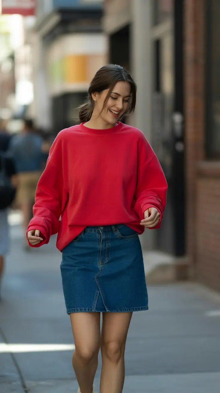 red sweater denim skirt outfit 2026