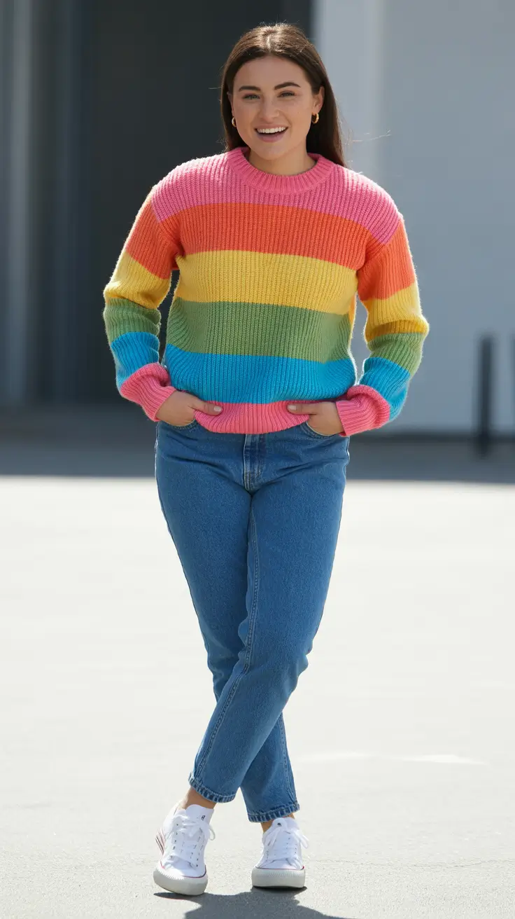 striped rainbow knit sweater outfit 2026