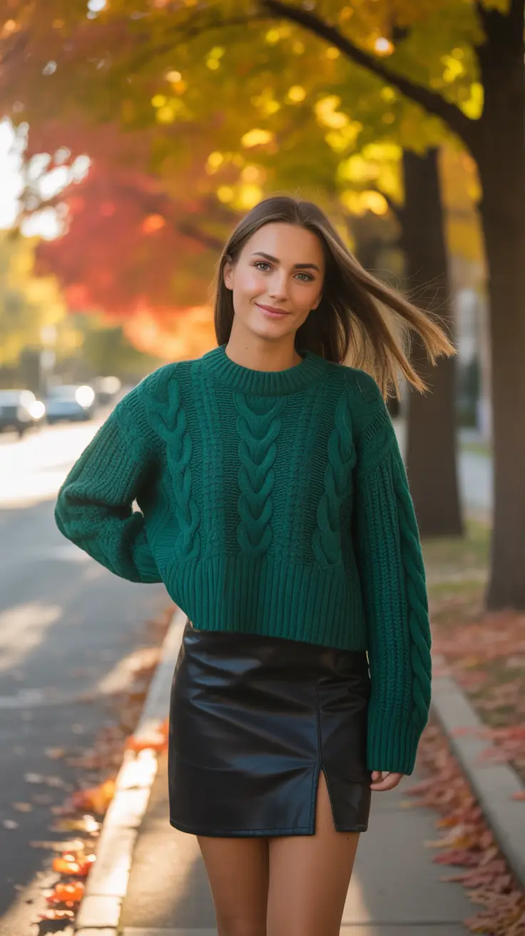 green cable knit leather skirt outfit 2026