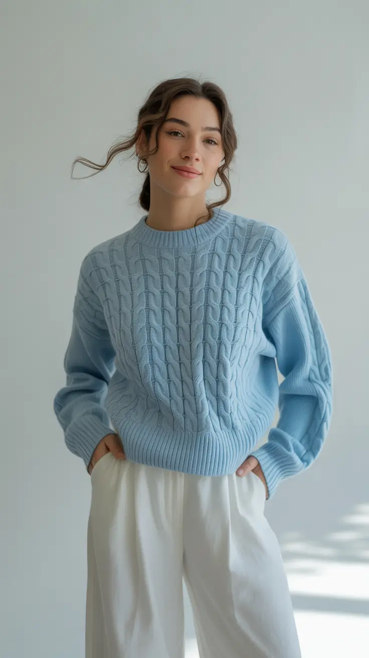 blue cable knit white pants outfit 2026