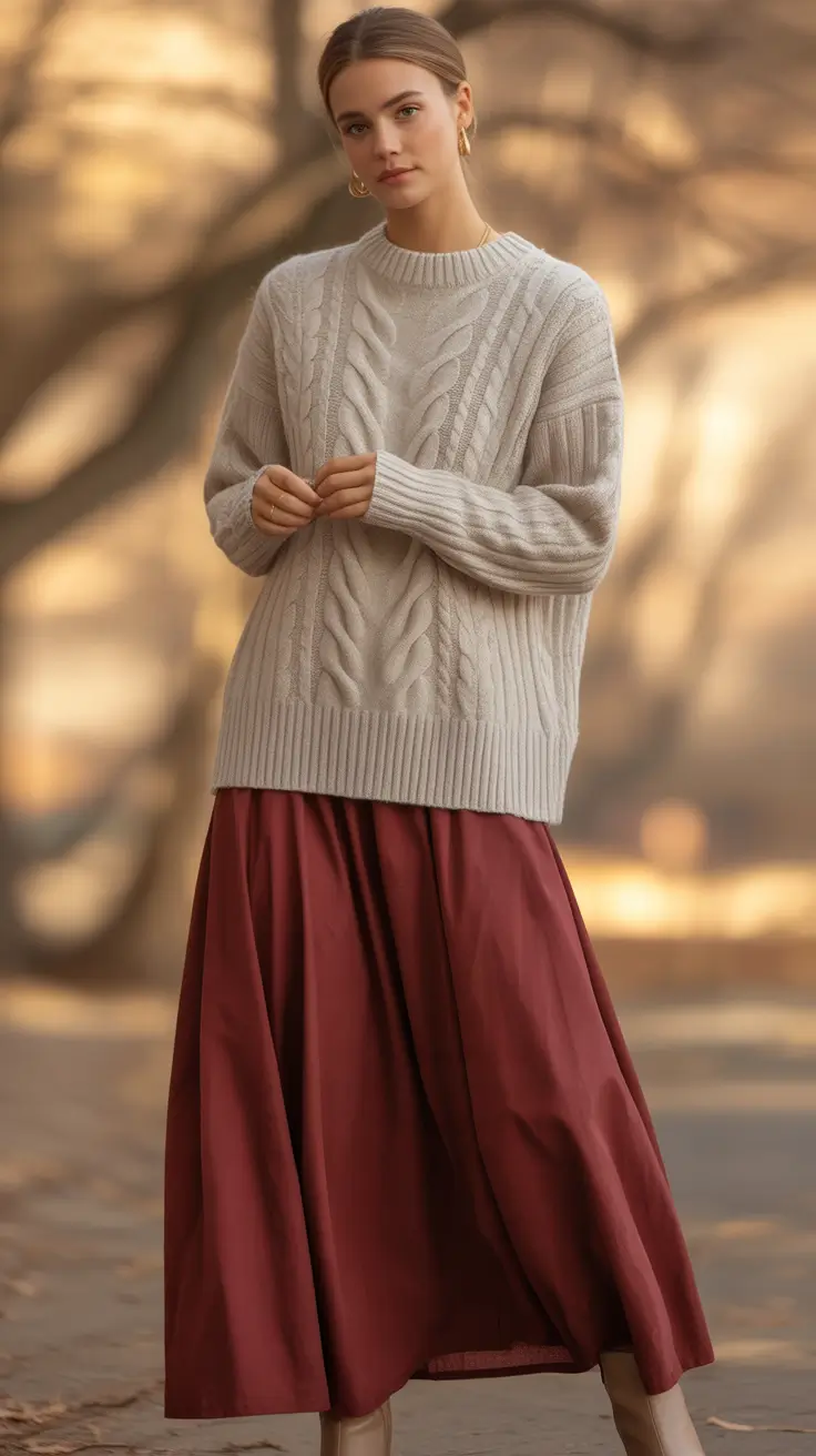 burgundy skirt and cable knit sweater outfit 2026