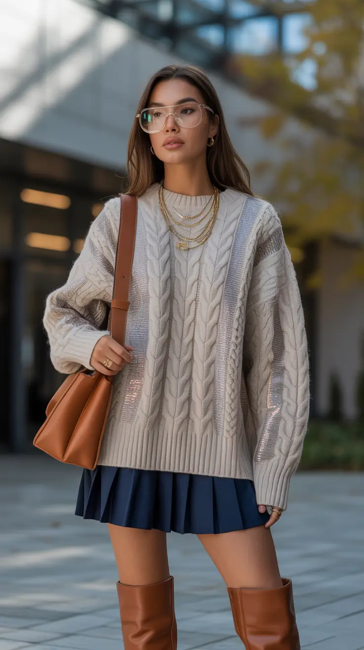 cable knit navy skirt outfit 2026