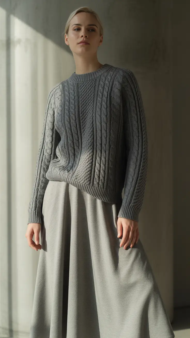 gray cable knit monochrome outfit 2026