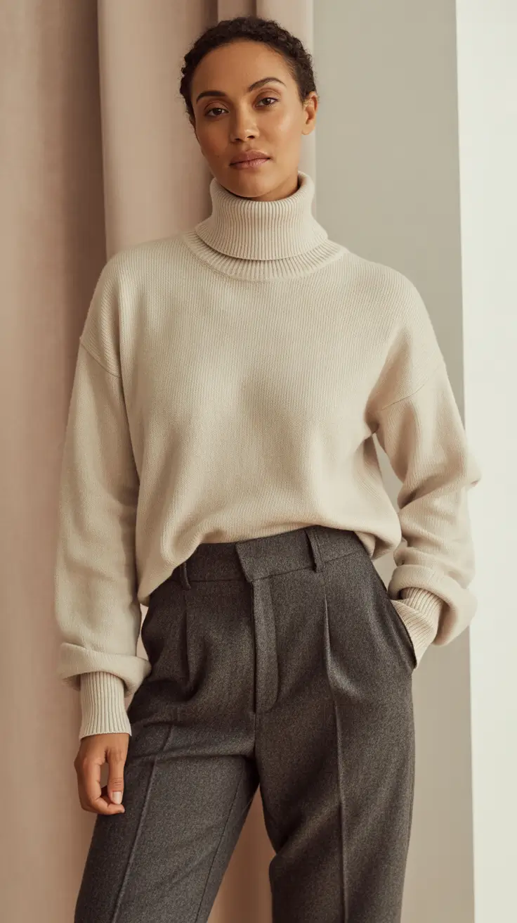 beige turtleneck gray trousers outfit 2026
