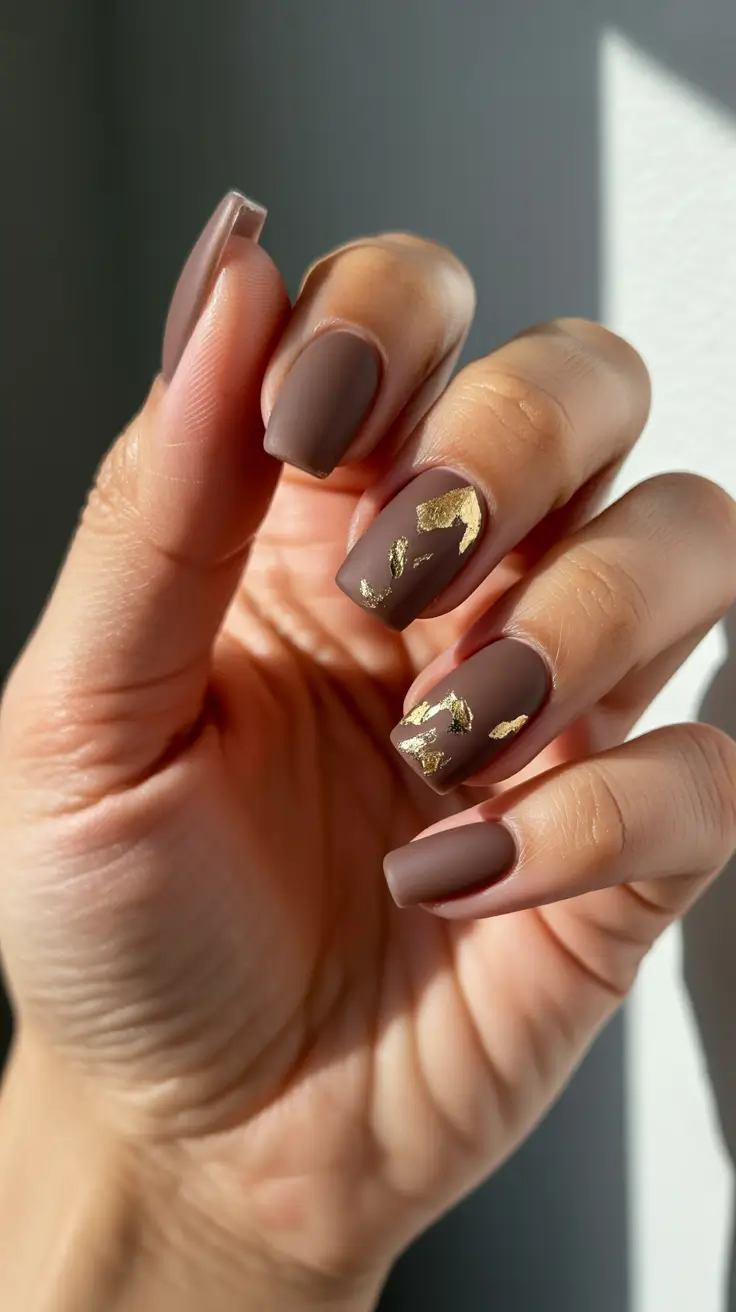 acrylic-nails-2026-Matte-Cocoa-With-Gold-Leaf-Accents