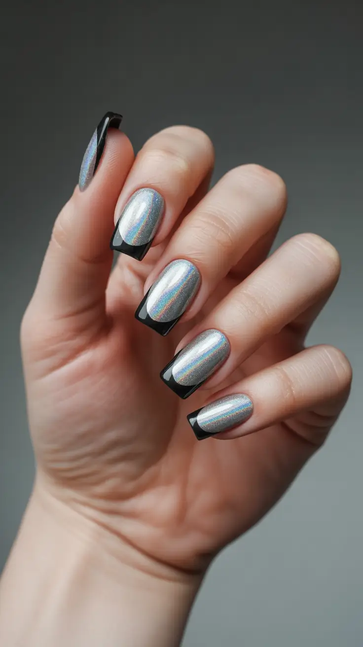 acrylic-nails-2026-Holographic-Shine-With-Bold-Black-Tips