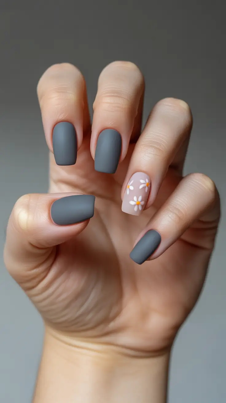 acrylic-nails-2026-Soft-Gray-Matte-With-Daisy-Accent