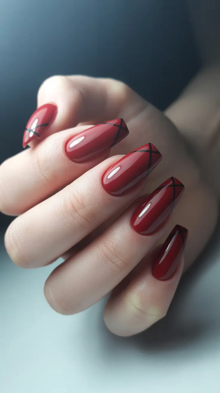 acrylic-nails-2026-Deep-Red-Gloss-With-Graphic-Lines