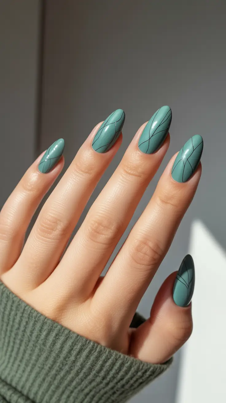 21 Elegant Almond Nails 2026 - Teal Almond Nails With Modern Geometric Line Art