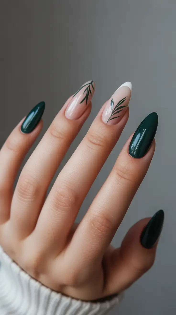 21 Elegant Almond Nails 2026 - Botanical Almond Nails With Deep Green Accents