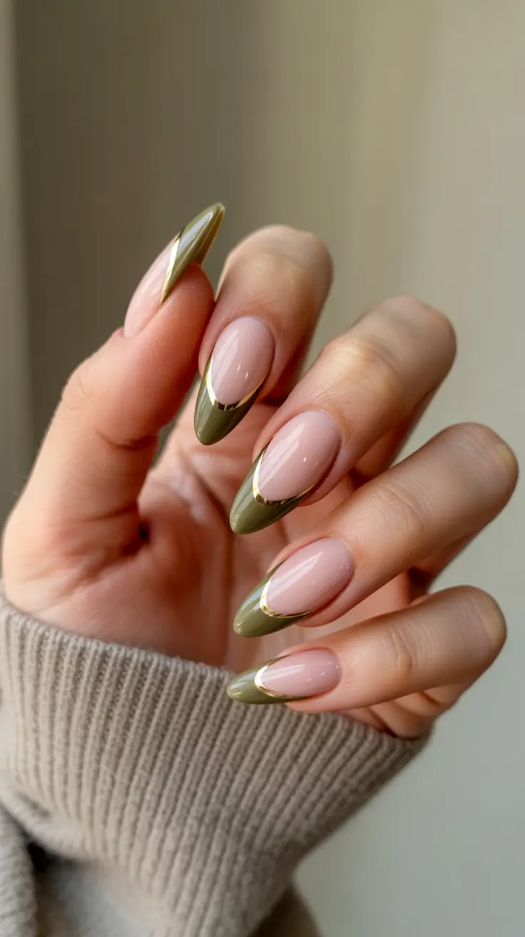 21 Elegant Almond Nails 2026 - Olive Metallic French Almonds for Modern Minimal Glam