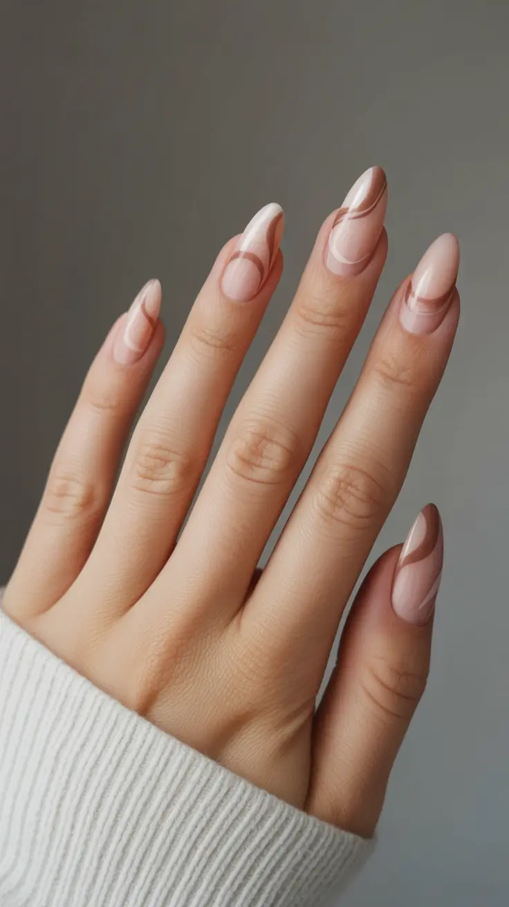 21 Elegant Almond Nails 2026 - Soft Neutral Almonds With Swirled Caramel Accents