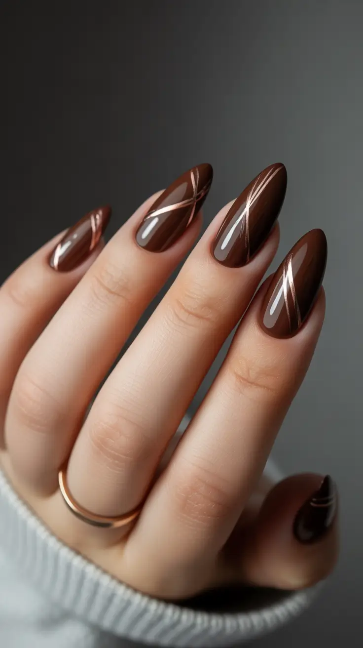 21 Elegant Almond Nails 2026 - Rich Mocha Almond Nails With Metallic Bronze Lines