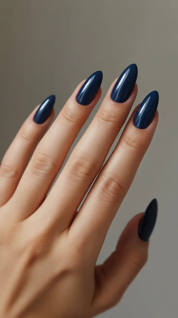 21 Elegant Almond Nails 2026 - Midnight Navy Almonds With High-Gloss Finish