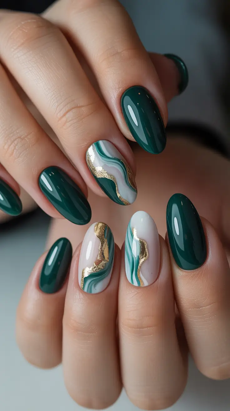 21 Elegant Almond Nails 2026 - Emerald Marble Almonds With Gold Veining