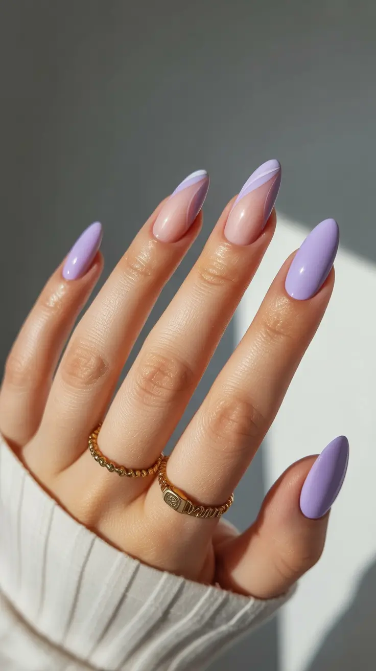 21 Elegant Almond Nails 2026 - Lavender Gradient Almonds With Soft Diagonal Accents