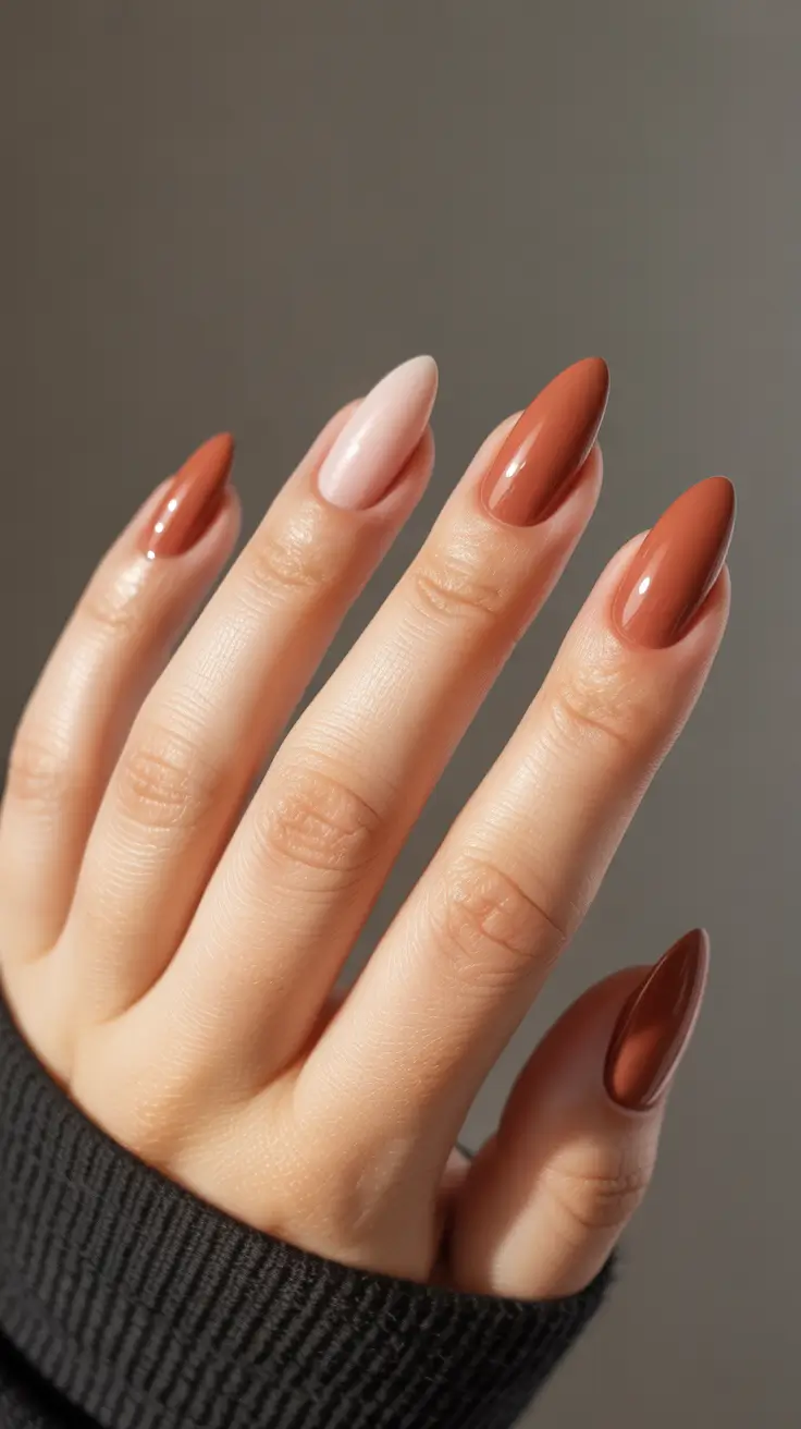 21 Elegant Almond Nails 2026 - Warm Terracotta Almond Nails With Soft Accent