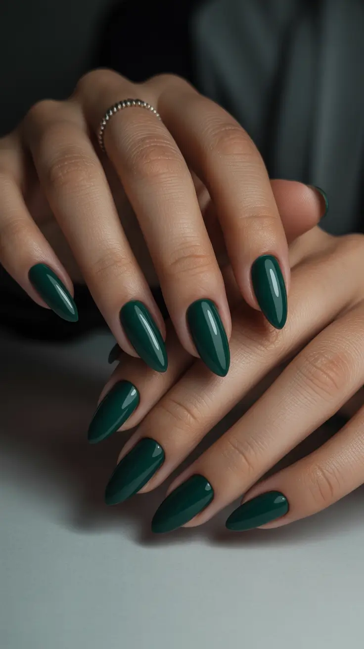 21 Elegant Almond Nails 2026 - Deep Forest Green Almonds With Luxurious Shine