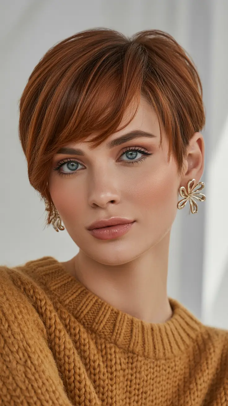 Bob haircut inspiration 2026 Warm Copper Pixie-Bob With Sweeping Fringe